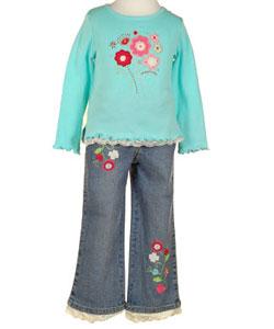 Flapdoodles Girl's Turquoise Floral Pant Set