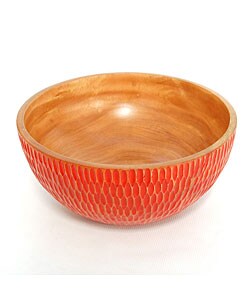 Etched Red-orange Design Mango Wood Bowl