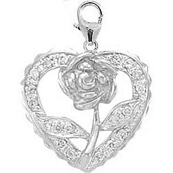 14k White Gold Diamond Rose in Heart Charm