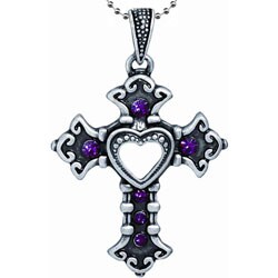 Pewter Purple Crystal Heart Cutout Cross Necklace