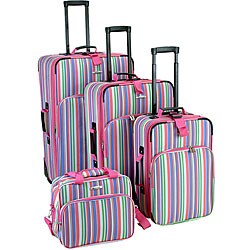 Rockland 4-piece Pink Stripe Expandable Luggage Set