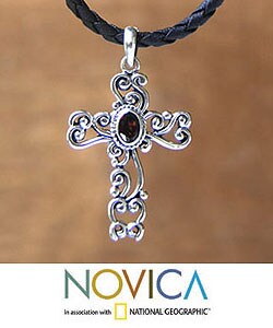 Sterling Silver 'Balinese Cross' Garnet Necklace (Indonesia)