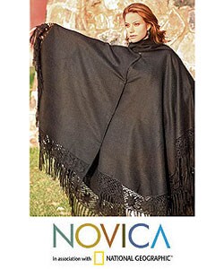 'Black Floral Elegance' Alpaca Wool Poncho (Peru)