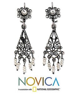 Sterling Silver 'Filigree Tears' Pearl Earrings (Mexico)