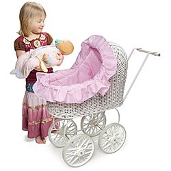 Classic Wicker Doll Carriage with Pink Gingham Liner