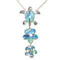Sterling Silver Created Opal Turtle and Flowers Necklace