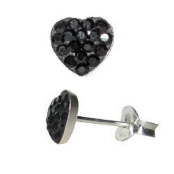 Sterling Silver Jet Black Crystal Heart-shaped Stud Earrings