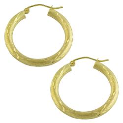 10k Yellow Gold Satin and Diamond-cut Hoop Earrings