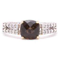 Sterling Silver/ 10k Gold Smokey Quartz and Cubic Zirconia Ring (Size 7)