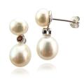 14k White Gold Double White Freshwater Pearl and Garnet Earrings (7-8mm, 8-9mm)
