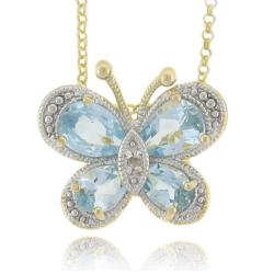 18k Gold Over Silver Blue Topaz and Diamond Accent Butterfly Necklace