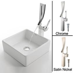 Kraus White Square Sink and Millennium Bathroom Faucet