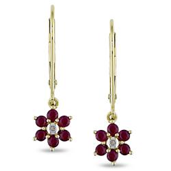 10k Yellow Gold Created Ruby and Diamond Flower Earrings