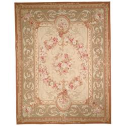 Hand-knotted French Aubusson Weave Ivory Taupe Wool Rug (12' x 15'))