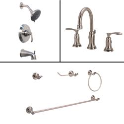 Fontaine Amor Brushed Nickel Accessory Set and Bathroom Faucet.