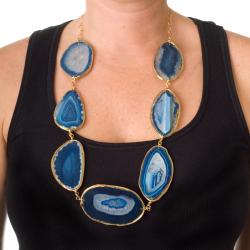 Goldtone Wire-wrapped Blue Sliced Agate Necklace