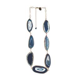 Goldtone Wire-wrapped Blue Sliced Agate Necklace