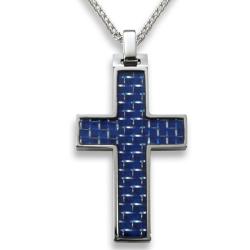 Men's Tungsten Carbide Blue Carbon Fiber Inlay Cross Necklace