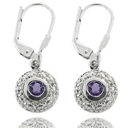 Sterling Silver Amethyst and Diamond Accent Round Dangle Earrings