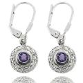 Sterling Silver Amethyst and Diamond Accent Round Dangle Earrings