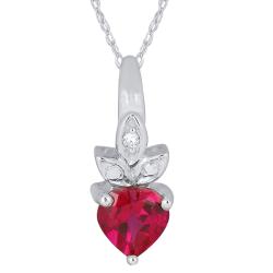 10k White Gold Created Ruby and Diamond Accent Heart Necklace