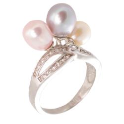 Silver Multi-colored Pearl and White Topaz Ring (6-7 mm)