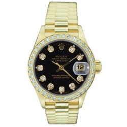 Pre-owned Rolex Women's President 18k Gold Black Diamond Dial Watch