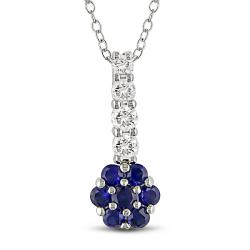 Sterling Silver Created Blue and White Sapphire Flower Necklace