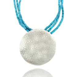 Sterling Silver Synthetic Turquoise Hammered Disk Necklace