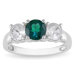 10k White Gold Created Emerald and White Sapphire 3-stone Ring