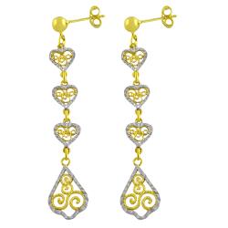 14k Two-tone Gold Diamond-cut Filigree Heart Dangle Earrings