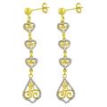 14k Two-tone Gold Diamond-cut Filigree Heart Dangle Earrings