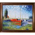 Monet 'Red Boats at Argenteuil' Hand-painted Framed Canvas Art