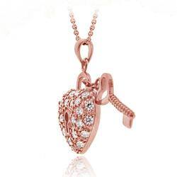 Icz Stonez Rose Gold over  Sterling Silver Cubic Zirconia Heart and Key Necklace