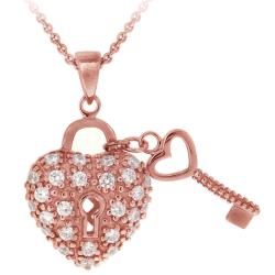 Icz Stonez Rose Gold over  Sterling Silver Cubic Zirconia Heart and Key Necklace
