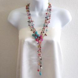 Cotton Butterfly on Flower Gemstones Lariat Wrap Necklace (Thailand)