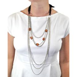 Silvertone Brown Bead Black Bow Layered Necklace