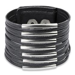 Black Leather and Steel Multi-strip Bracelet