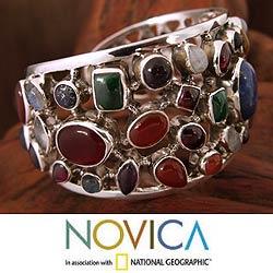 Sterling Silver 'Shimmering Confetti' Gemstone Cuff Bracelet (India)