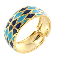 Goldtone and Blue/ Turquoise Enamel Diamond Design Cuff Bracelet