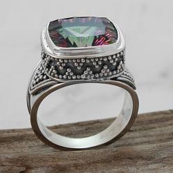 Sterling Silver Square Exotic Fire Quartz Beaded Mount Ring (Indonesia)