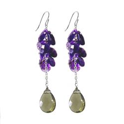 Adee Waiss Sterling Silver Smokey Quartz and Amethyst Drop Earrings