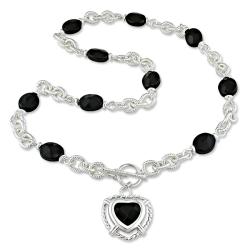 Silvertone Black Agate Heart and Beaded Chain Necklace