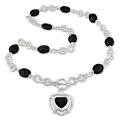 Silvertone Black Agate Heart and Beaded Chain Necklace