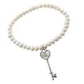 Sterling Silver Freshwater Pearl and Heart Key Charm Stretch Bracelet