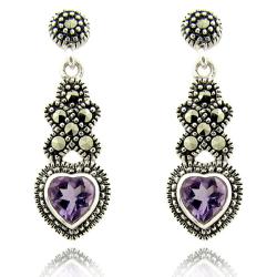 Sterling Silver Marcasite and Amethyst Heart Earrings