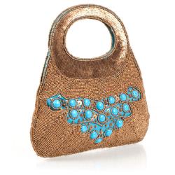 Hand-embroidered Fabric Turquoise and Gold Handbag (India)