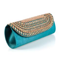 Hand-embroidered Turquoise Brasstone Bead Handbag (India)