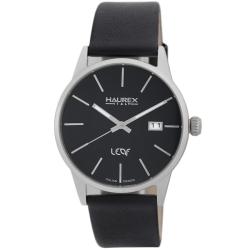 Haurex Italy Men's Leaf Black Dial Leather Strap Watch