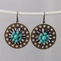 Antique Brass Round Turquoise Center Flower Earrings (Turquoise)